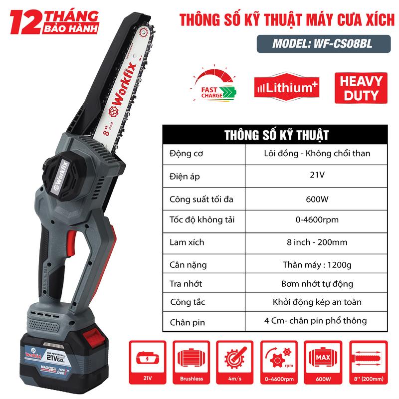 Máy Cưa Pin 8 Inch Workfix Cầm Tay - WF-CS08BL - Tốc Độ Cưa 4m/s - Không Chổi Than Cao Cấp - Có Tự Động Tra Nhớt - Chân Pin Phổ Thông Pin 15 Cell 21V/6Ah