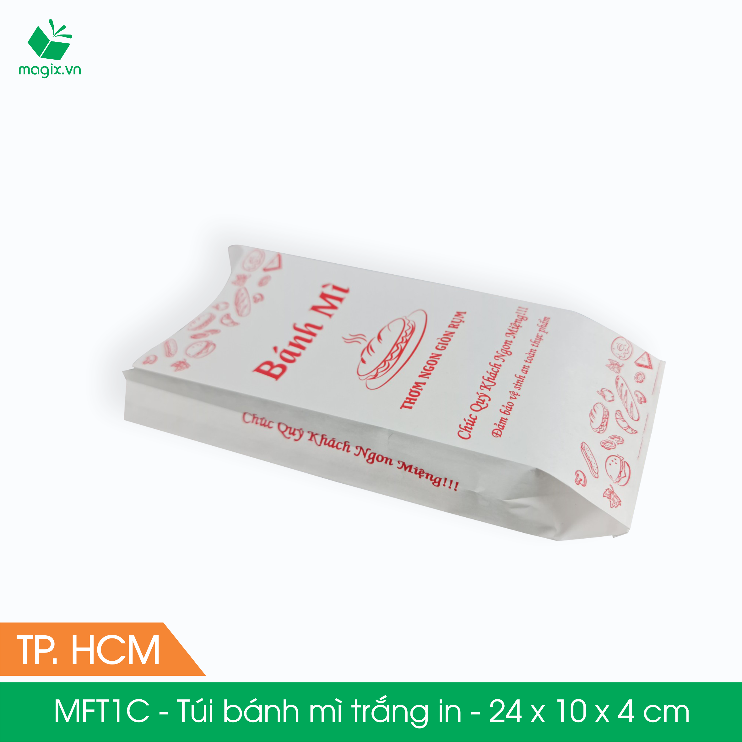 MFT1C - 24x10x4 cm - 500 Túi giấy bánh mì trắng có in