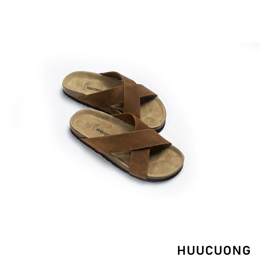 Dép unisex HuuCuong quai chéo da bò nâu đế trấu handmade