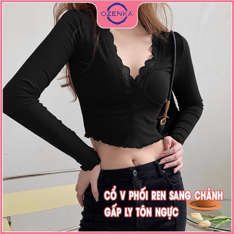 Áo croptop cổ V phối ren tay dài nữ OZENKA , crt ôm body đẹp len gân cotton 100% màu đen trắng