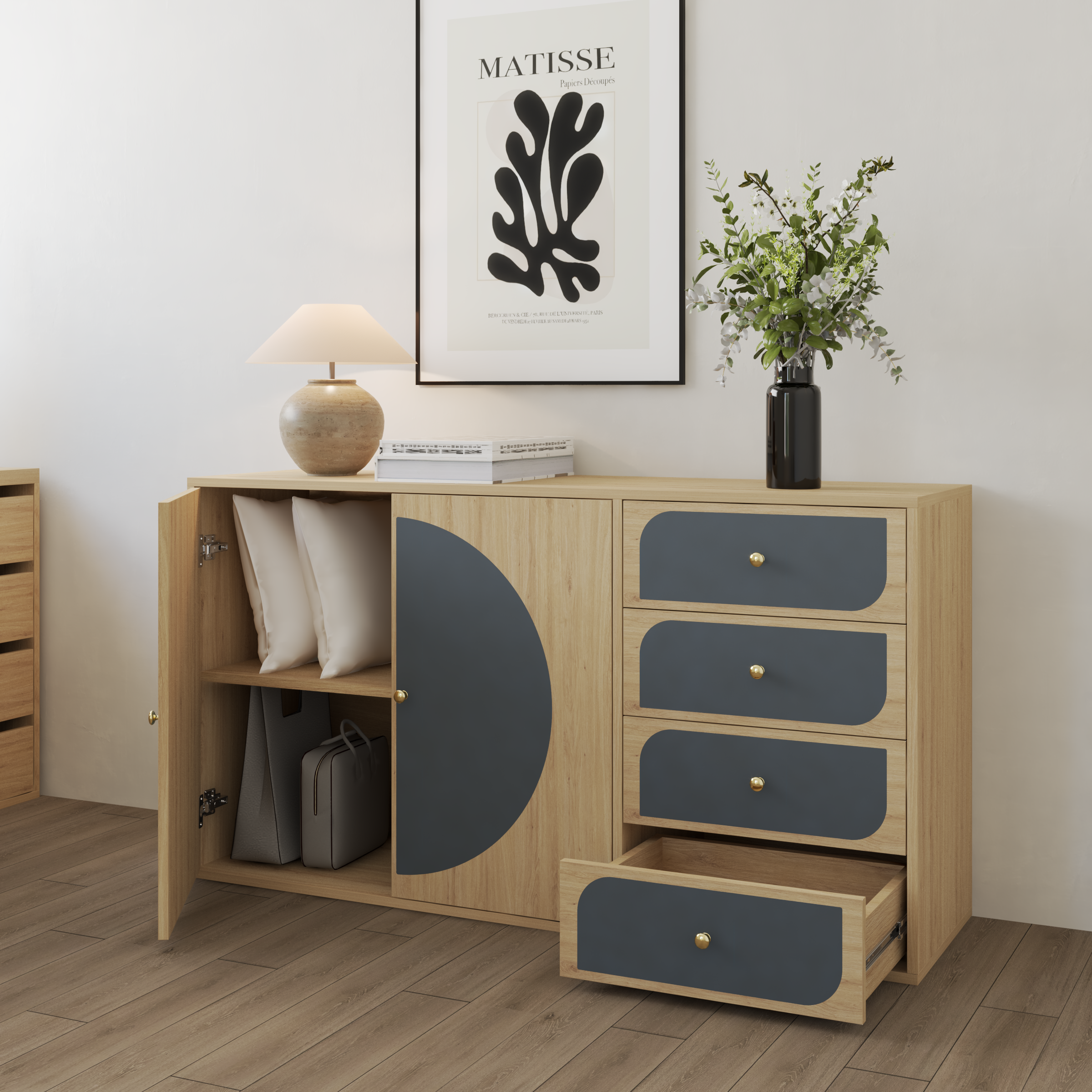 [Happy Home Furniture] BANA, Tủ lưu trữ 2 cửa mở - 4 ngăn kéo, 140cm x 40cm x 76cm ( DxRxC), TCM_126