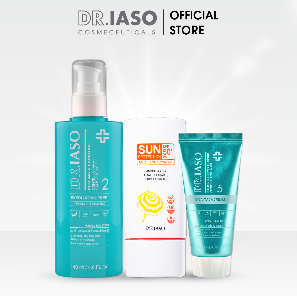 Bộ ba sản phẩm D33 - D34 - D38 Kem chống nắng SPF50+ Dr Iaso, Nước hoa hồng, Kem dưỡng ẩm phục hồi da Dr Iaso Mint