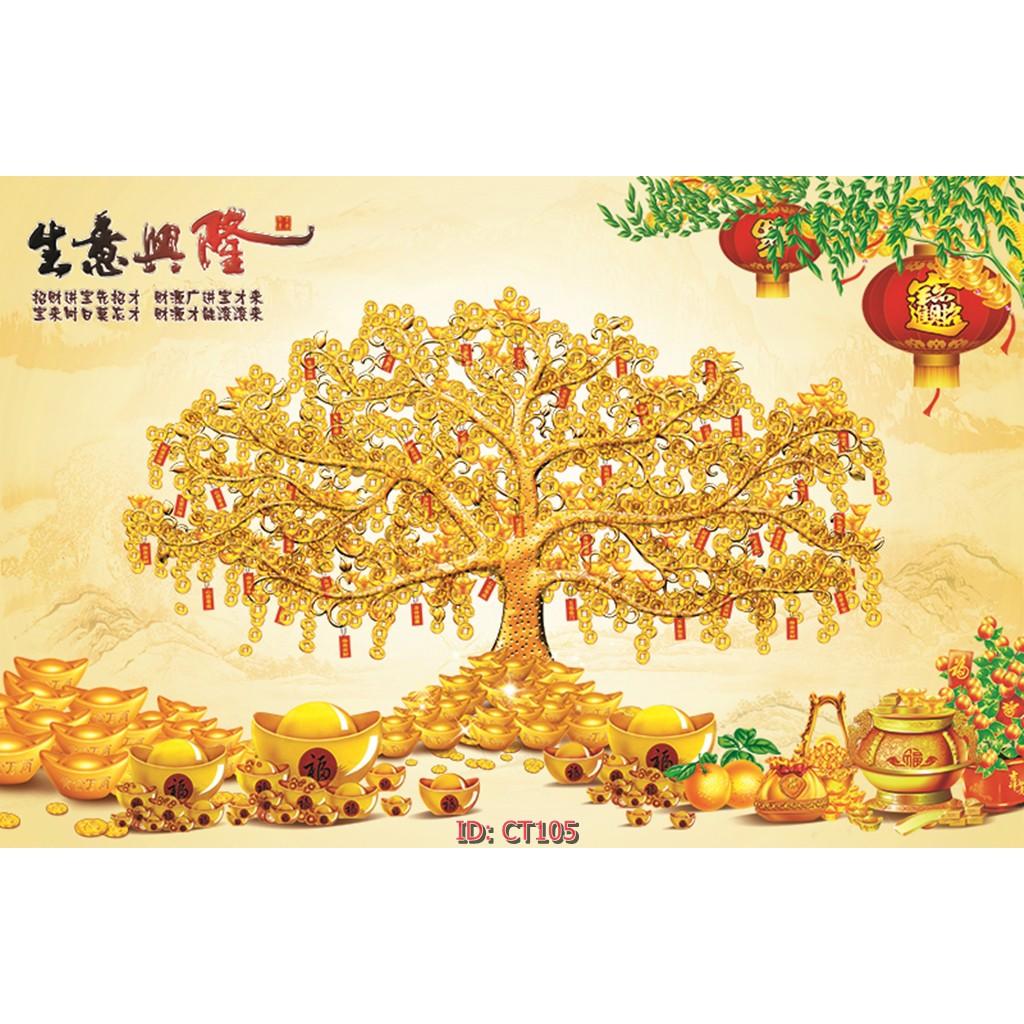 Tranh dán tường Tranh Cây Tiền hoa mai-hoa đào cát tường tài lộc, Tranh dán tường 3d hiện đại