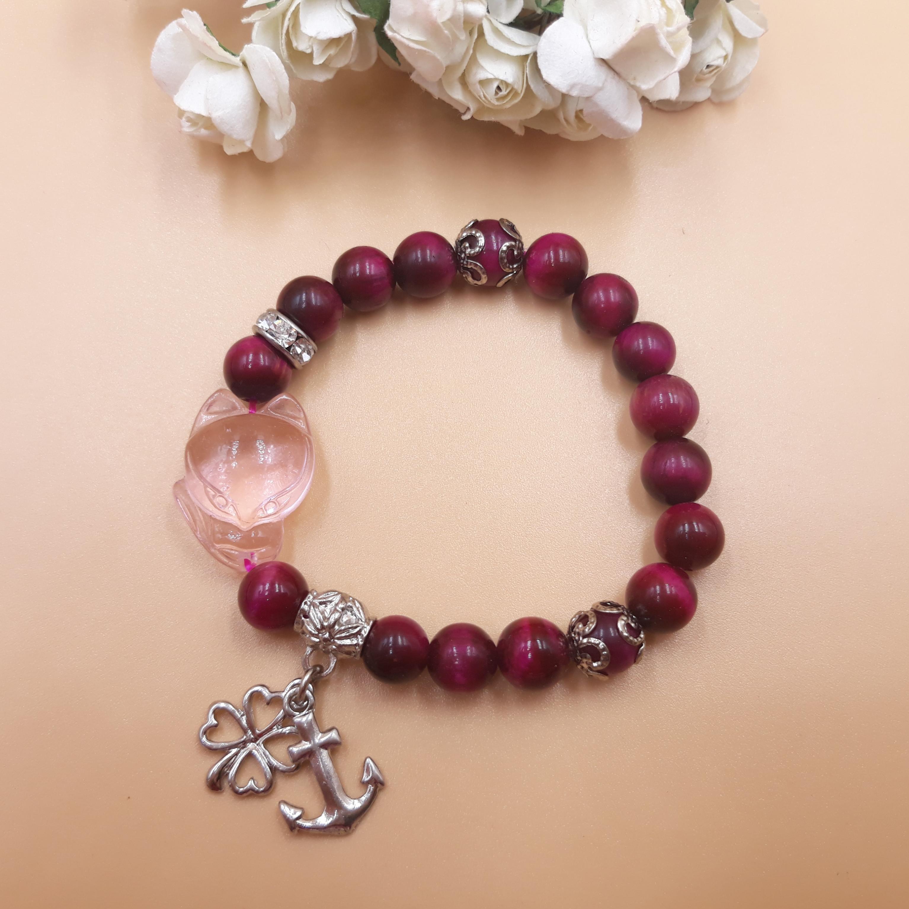 Vòng Tay Hồ Ly Baby Topaz Hồng Phối Đá Mắt Hổ Hồng Mix Charm