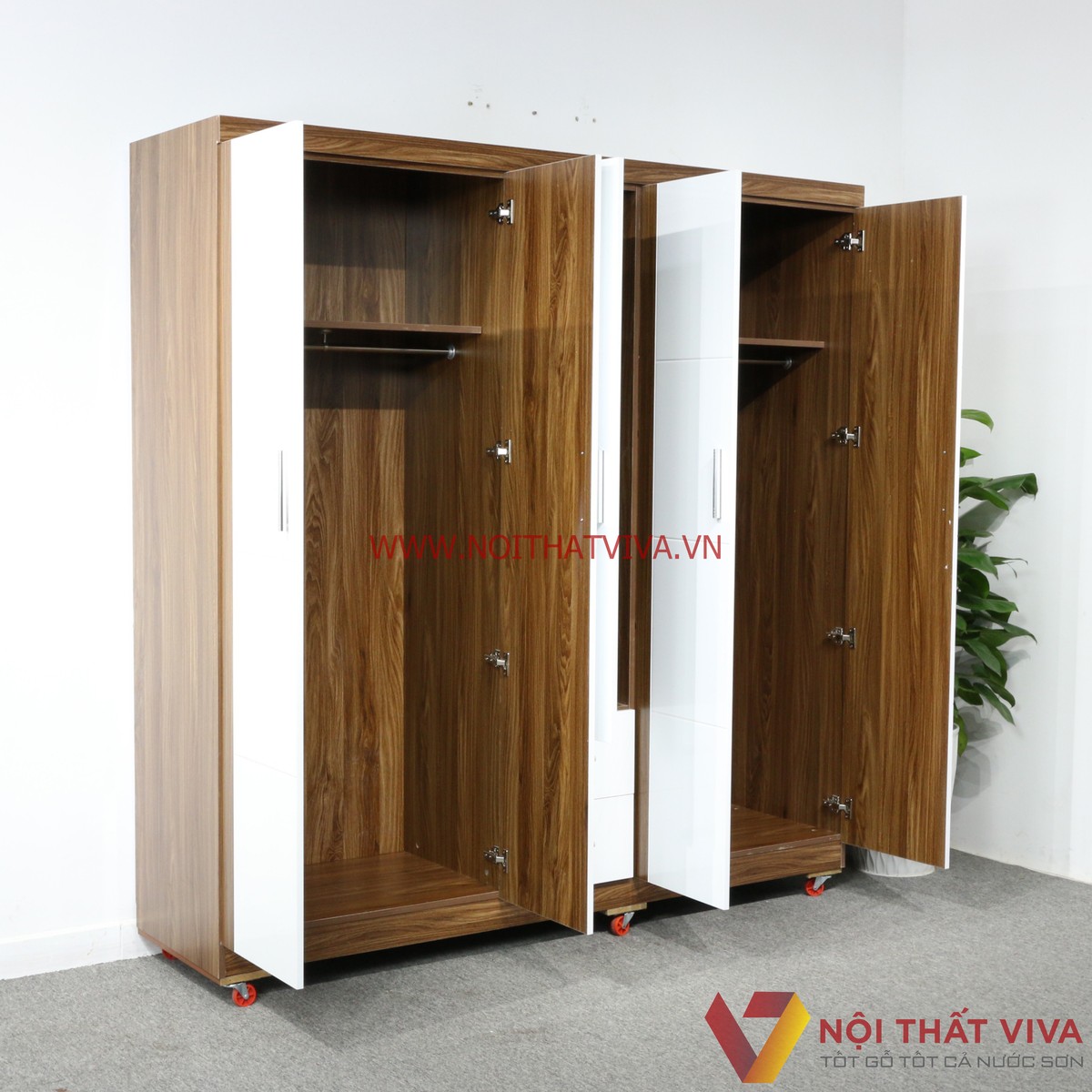 Tủ Áo 5 Cánh Gỗ MDF Melamine Màu Óc Chó Cánh Trắng Cao Cấp