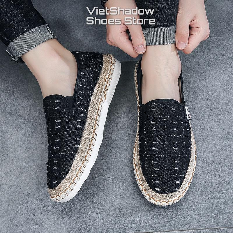 Slip on nam - Giày lười vải mẫu mới 2022 - Chất liệu vải bò rách 2 màu đen và xanh dương - Mã 895