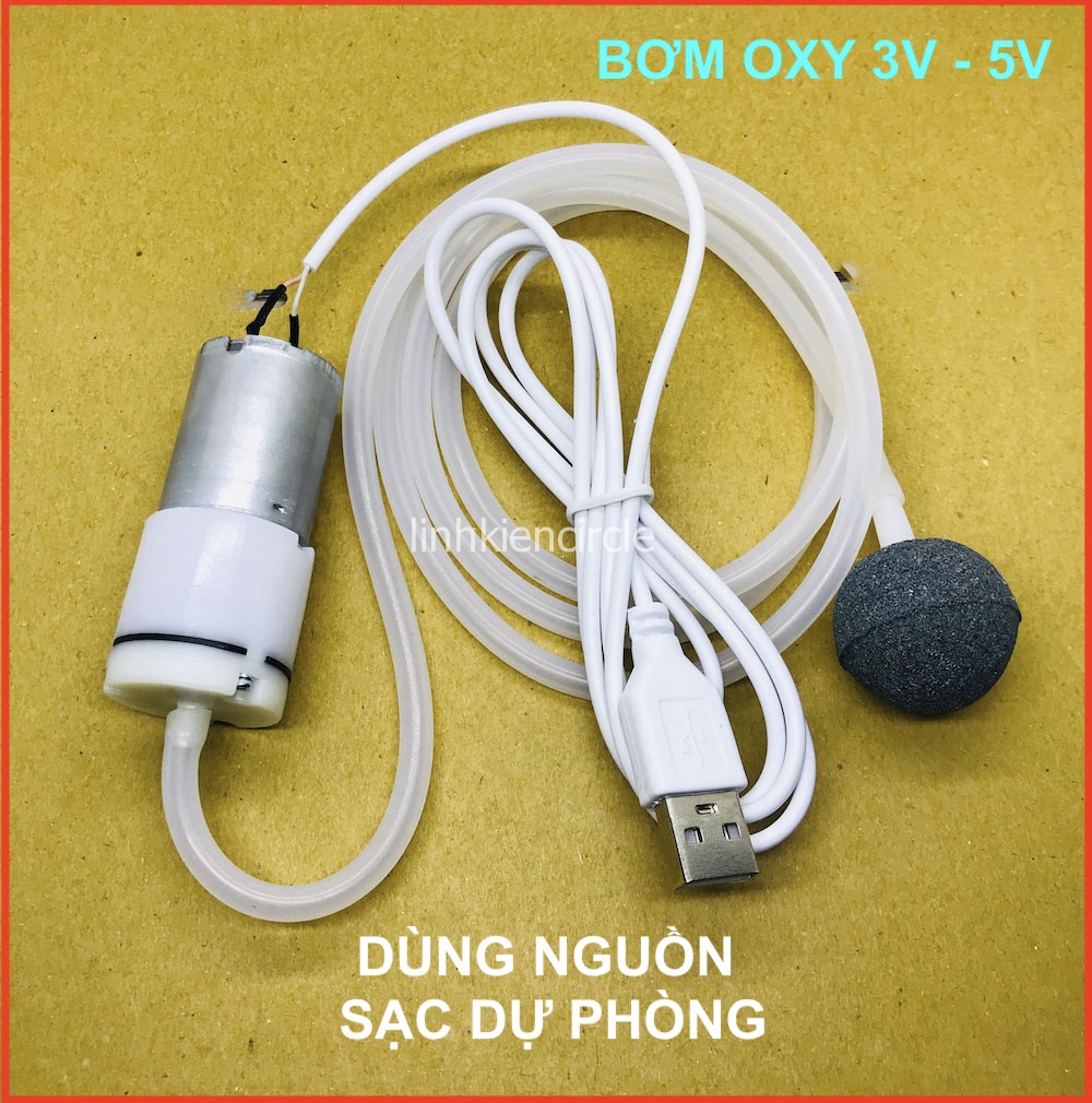 Bơm oxy mini chạy pin 3v - 6v kèm 1m ống đá sủi cáp USB dùng nguồn sạc dự phòng