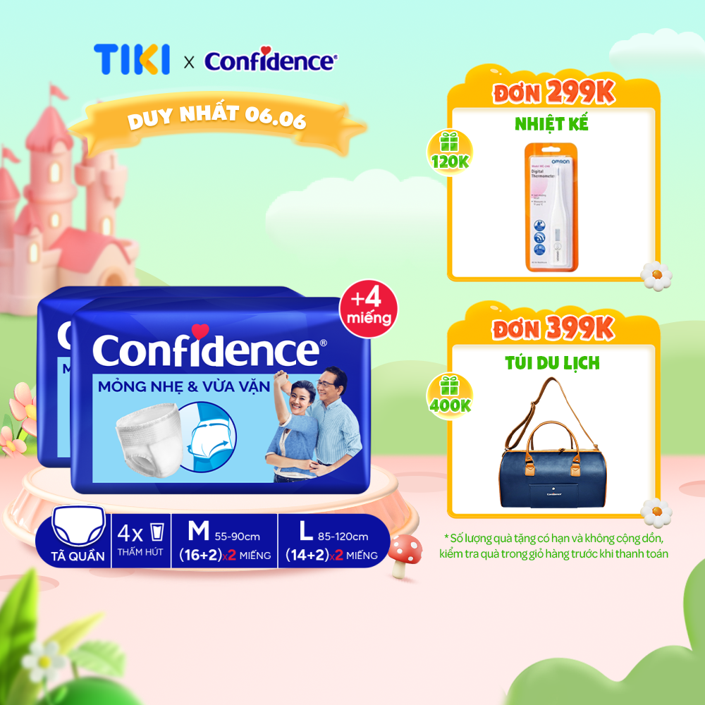 Combo 2 Tã quần người lớn Confidence Slim&amp;Fit mỏng nhẹ vừa vặn size M/L gói 16/14 miếng
