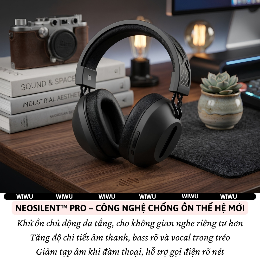 Tai Nghe chụp tai Chống ồn chủ động ANC NEOSILENT PRO bluetooth V5.3  WiWU Solar TD-06 - -25dB, Driver 40mm Pin 300mAh Bluetooth 5.3,Bass mạnh, Spatial Audio sống động, Hi-Res + LDAC nghe cực hay, Pin lâu &amp; sạc nhanh - Hàng nhập khẩu