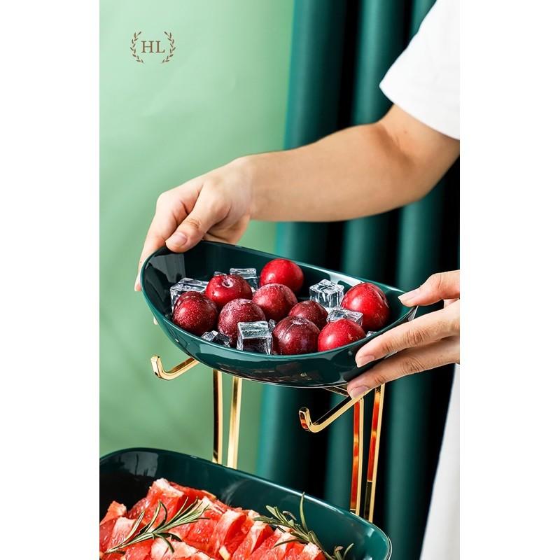 Khay Gốm Đựng Hoa Quả 3 Tầng 2 Màu Xanh, Trắng Phong Cách Bắc Âu - Khung kim loại kèm kệ inox cao cấp