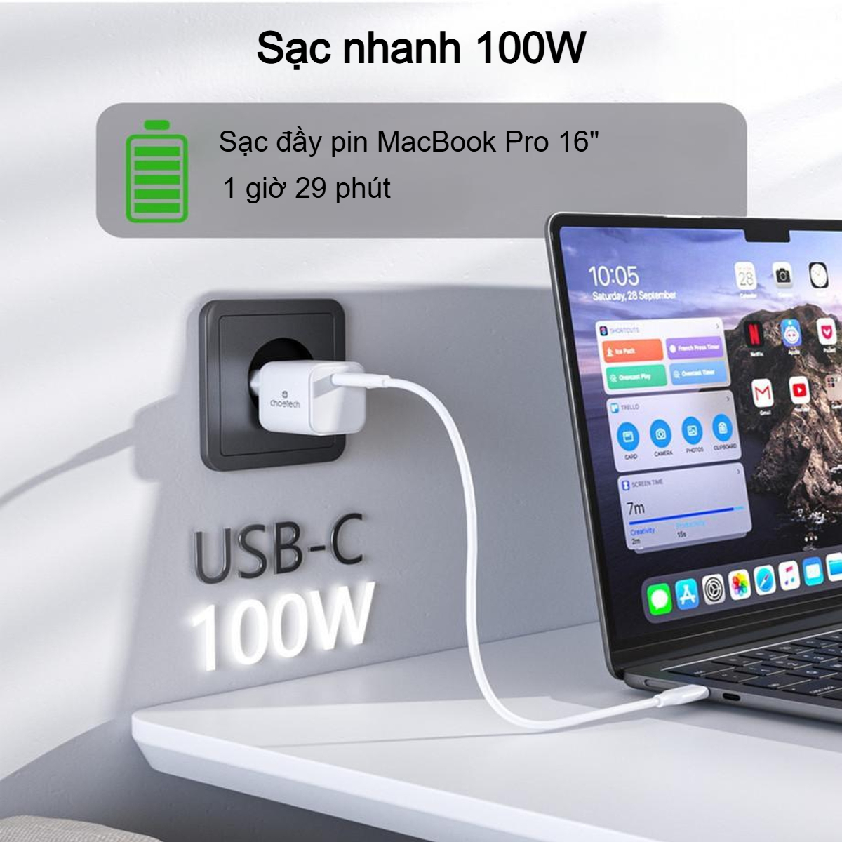 Củ sạc siêu nhanh GaN 100W 1C Choetech PD9031 nhỏ gọn cho laptop và điện thoại (Hàng chính hãng)