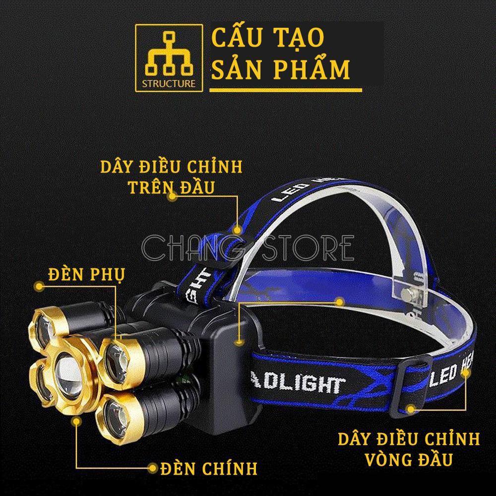 Đèn Pin Đội Đầu Đeo Trán 5 Bóng T6 Siêu Sáng Kèm Pin Sạc gọn gàng thuận tiện