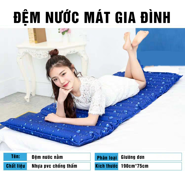 Nêm nước mát gia đình dài 190cm rộng 75cm, đệm nước người lớn, chiếu lót lưng đơn mềm mại êm ái