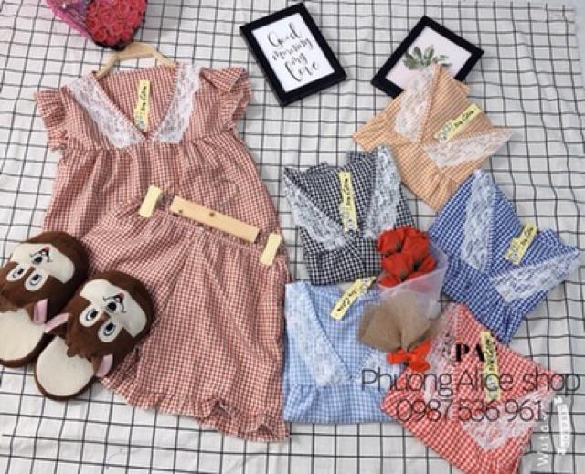 ️FREESHIP️ Đồ Bộ Mặc Nhà Đùi Caro Phối Ren Dễ Thương Cực