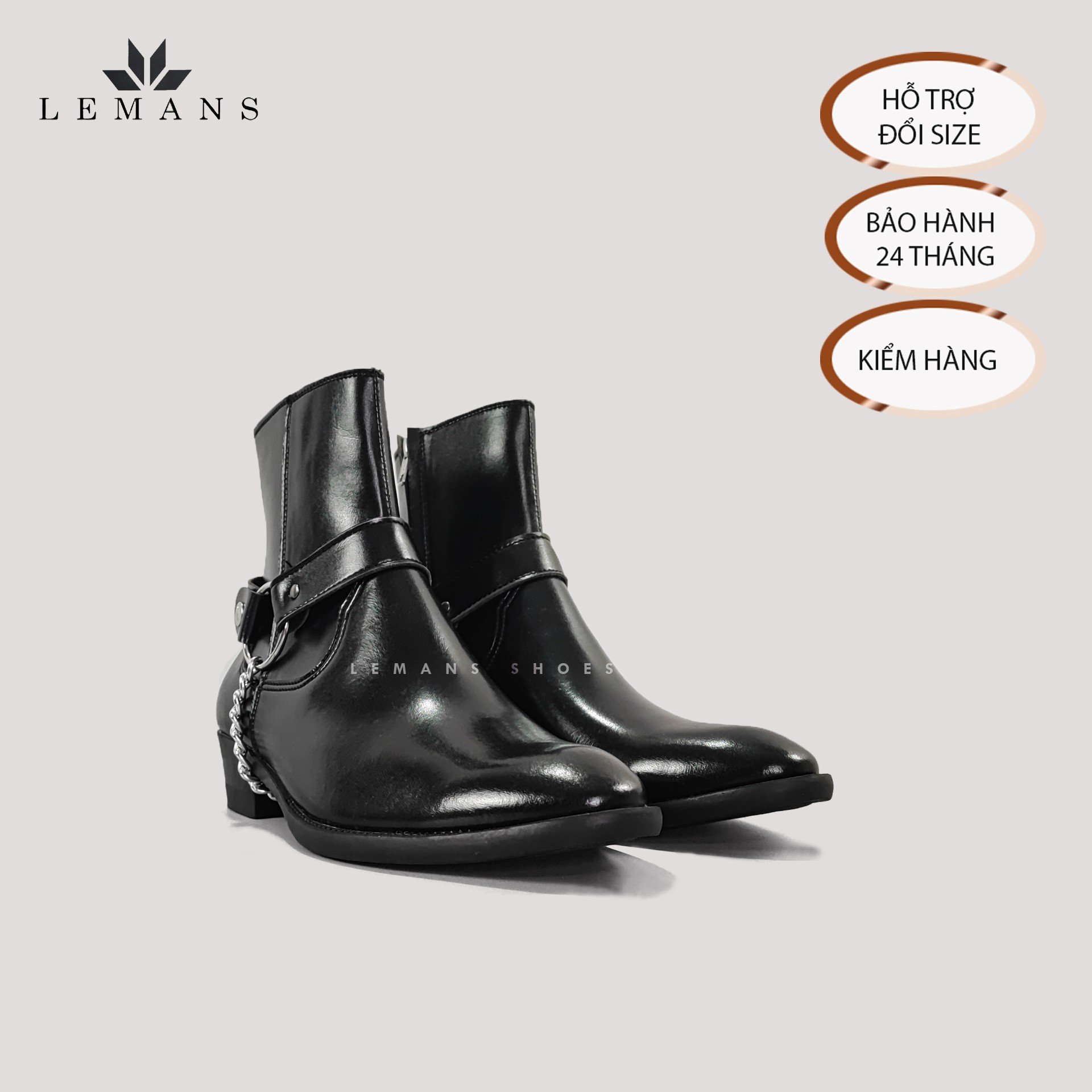 Giày da bò Zip Boots Black LeMans ZB01B, phối đai xích tạo thành 3 đôi Harness, bảo hành 24 tháng