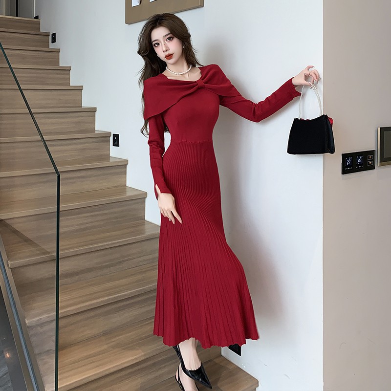 Đầm Len Dệt Kim Cổ Nơ Kiểu Pháp Cổ Điển AL07 - Hàng Quảng Châu Cao Cấp