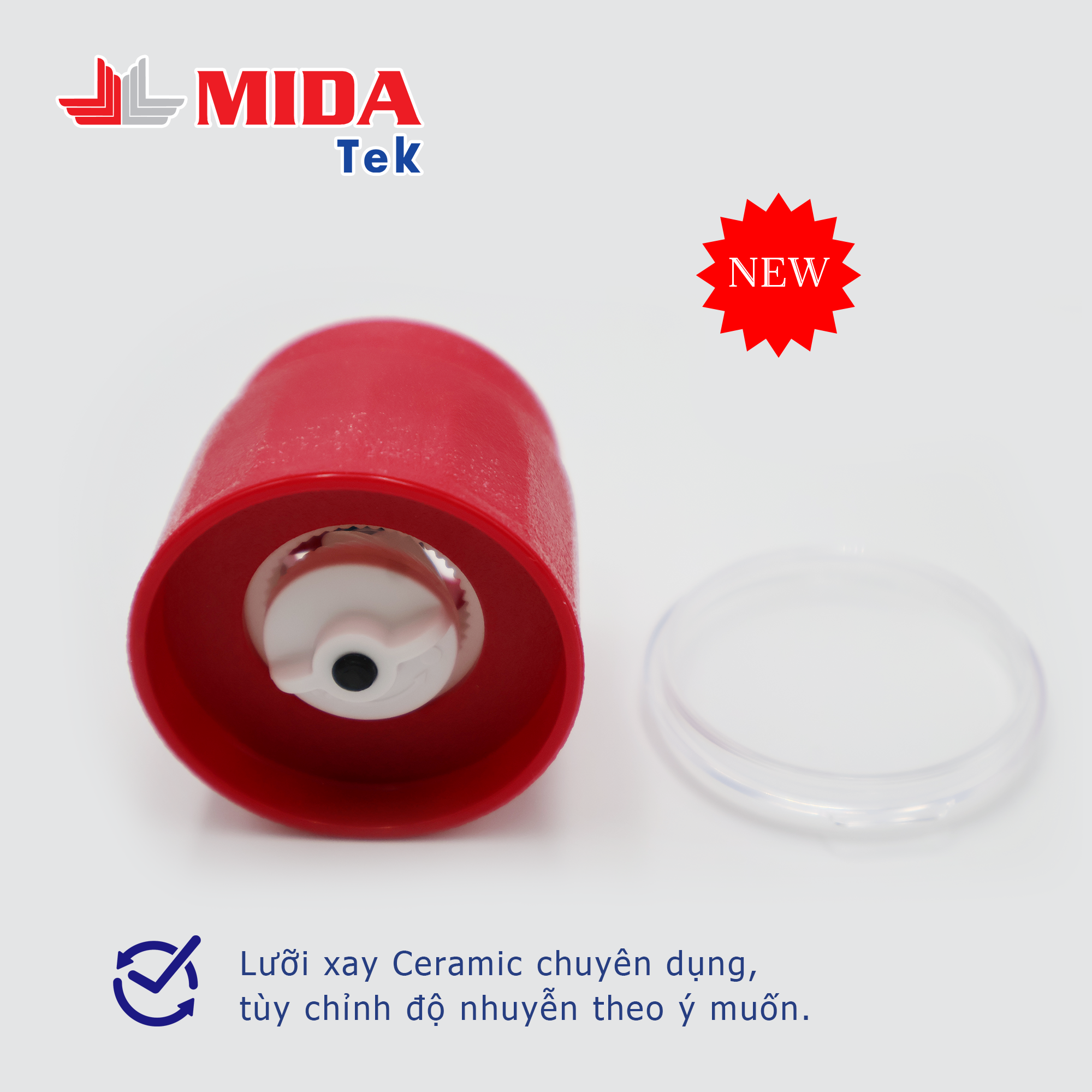 Bộ 2 Nắp xay tiêu MIDATEK cối xay ceramic Màu Đỏ cho hũ nhựa đường kính 45mm
