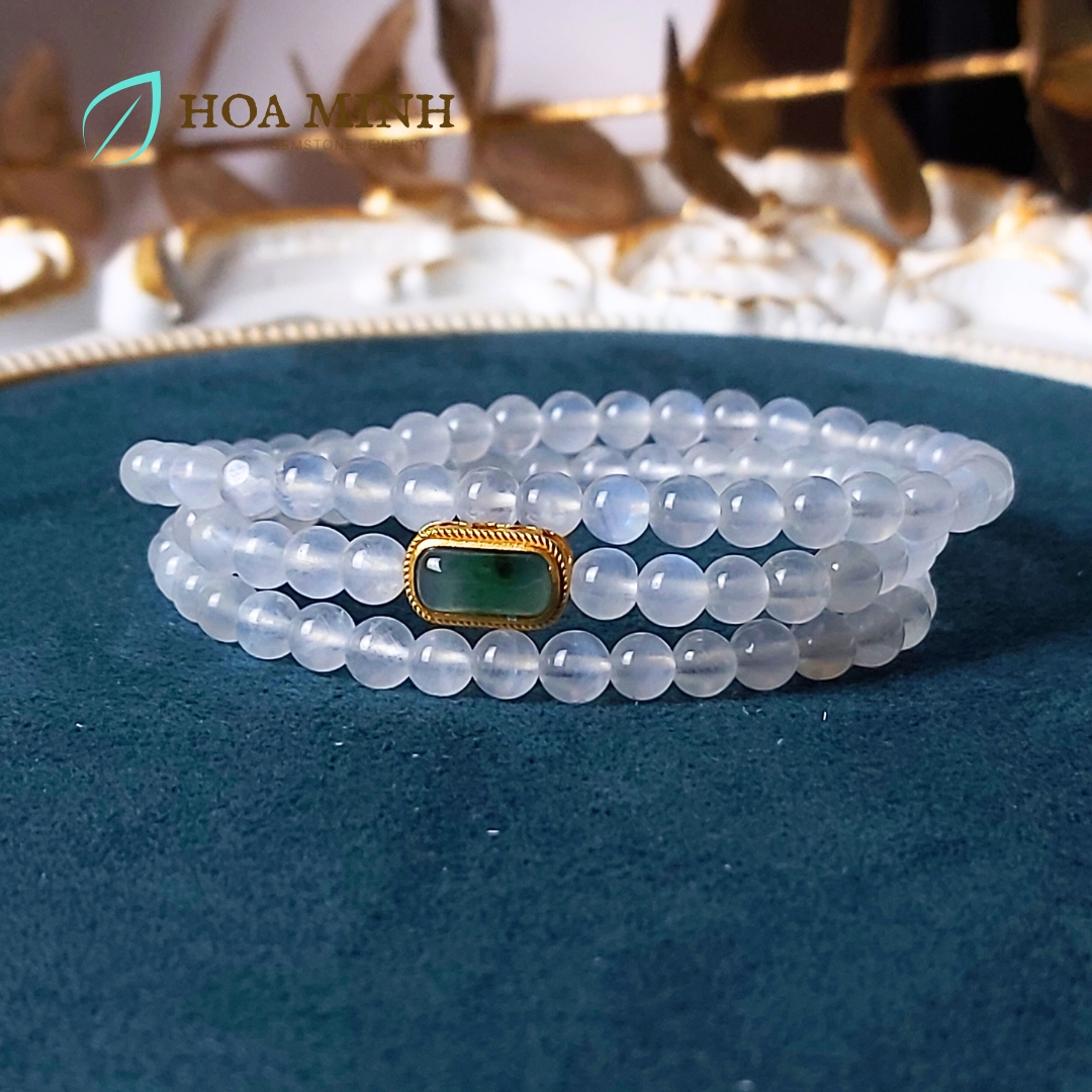 Vòng tay 108 hạt đá Mặt Trăng Moonstone 5.2 li phối charm vàng đá Cẩm Thạch Ngọc Lam lên bông cực VIP