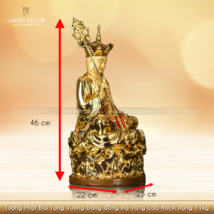 Tượng Phật Địa Tạng Vương bằng đồng mạ vàng cao 46cm nặng 11kg