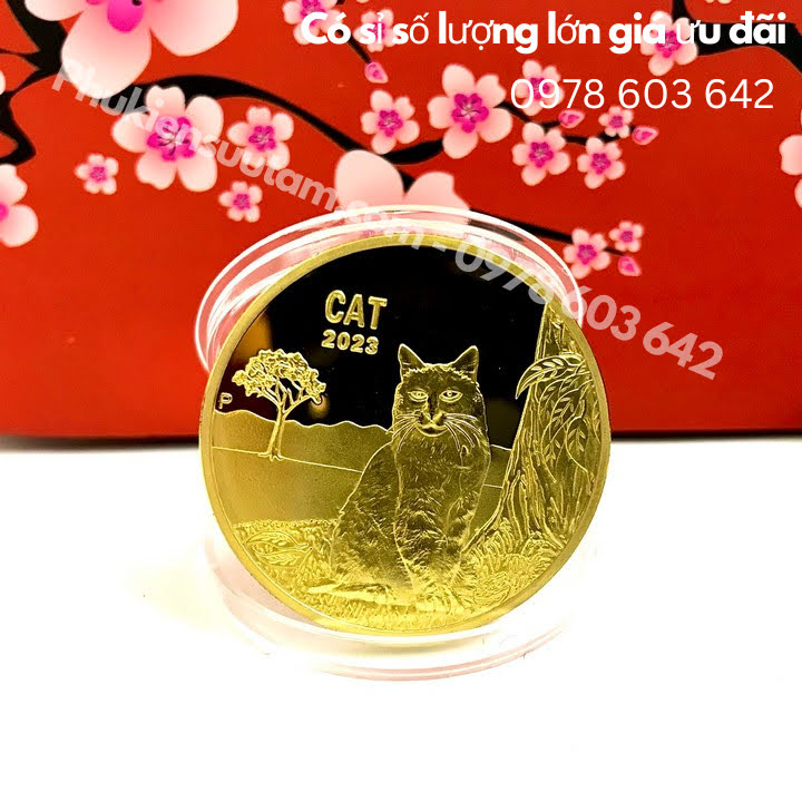 Xu Úc Hình Con Mèo Mạ Vàng Tặng Túi Gấm Lộc, đường kính: 4cm, màu vàng - SP005890