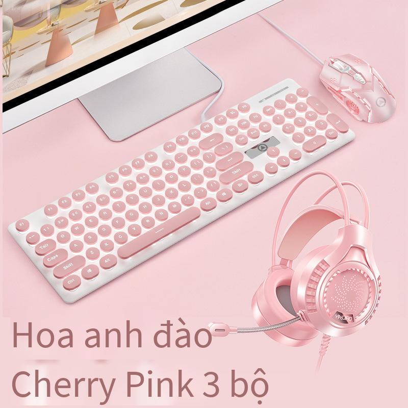Phong cách mới nhất V8 cơ tay cảm giác bàn phím chuột tai nghe tắt tiếng có dây cô gái văn phòng dễ thương gõ phím trò chơi thể thao điện tử