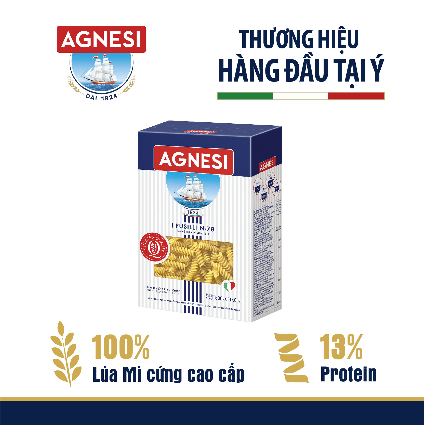 Nui xoắn Fusilli N.78 Agnesi 500g, làm từ lúa mì cứng cao cấp Semolina, luộc 10 phút, nhập khẩu Ý