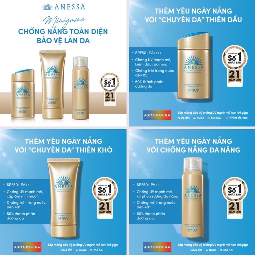 [ANESSA] Gel Chống Nắng Dưỡng Ẩm Cho Da Khô Mềm Mịn Hoàn Hảo Chứa SPF50+ PA++++ Perfect UV Sunscreen Skincare Gel (90g)