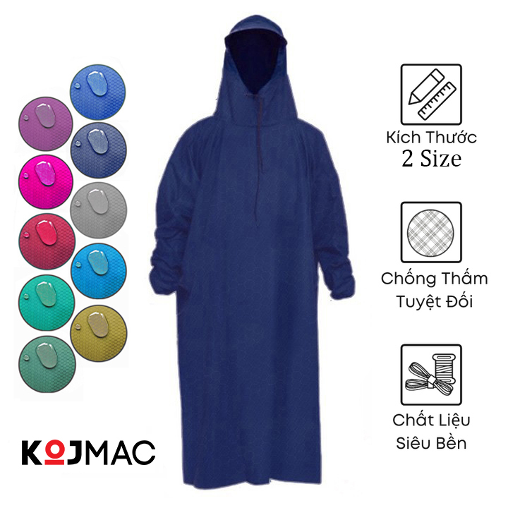 Áo Mưa BÍT Vải Dù Da Cá KOJMAC 1m4 – Raincoat Fashion Hàng Chính Hãng  Nhiều Màu Tùy Chọn Size Dài , Hàng Cao Cấp Xưởng Việt Nam Siêu Bền, Loại Kín Người Không Xẻ Tà Chui Một Người 1 Đầu Chống Nước  – BÍT CÁ  Xanh Đen – 1m4 CAO>165cm