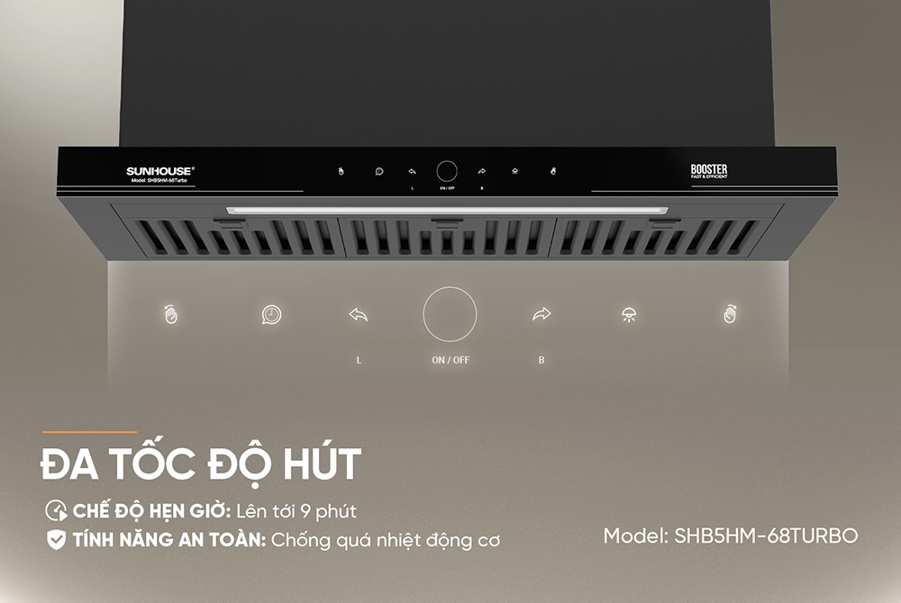 Máy hút mùi âm tủ Sunhouse SHB5HM-68TURBO, Công suất 220W, Chế độ Booster hút cực mạnh 1600m3/h, Công nghệ Ultra-Quiet độ ồn thấp, Điều khiển cảm biến thông minh vẫy tay, Bảo hành 36 tháng tại nhà - Hàng chính hãng