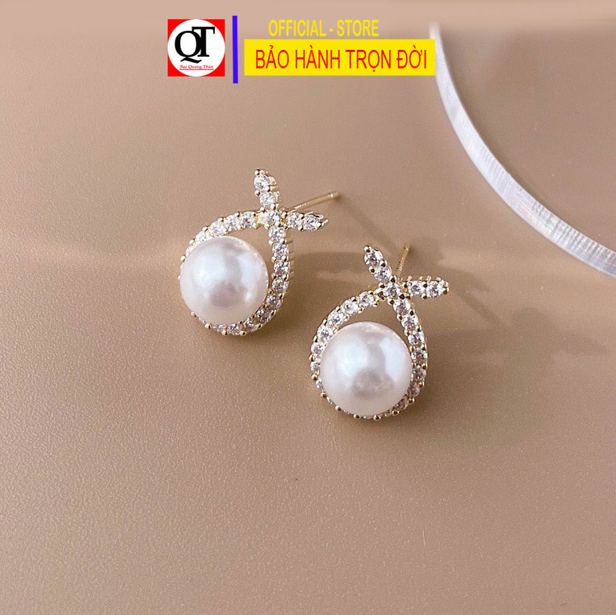 Khuyên tai nụ ngọc chất liệu bạc ta chốt đeo sát tai gắn đá cao cấp trang sức Bạc Quang Thản - QTBT139