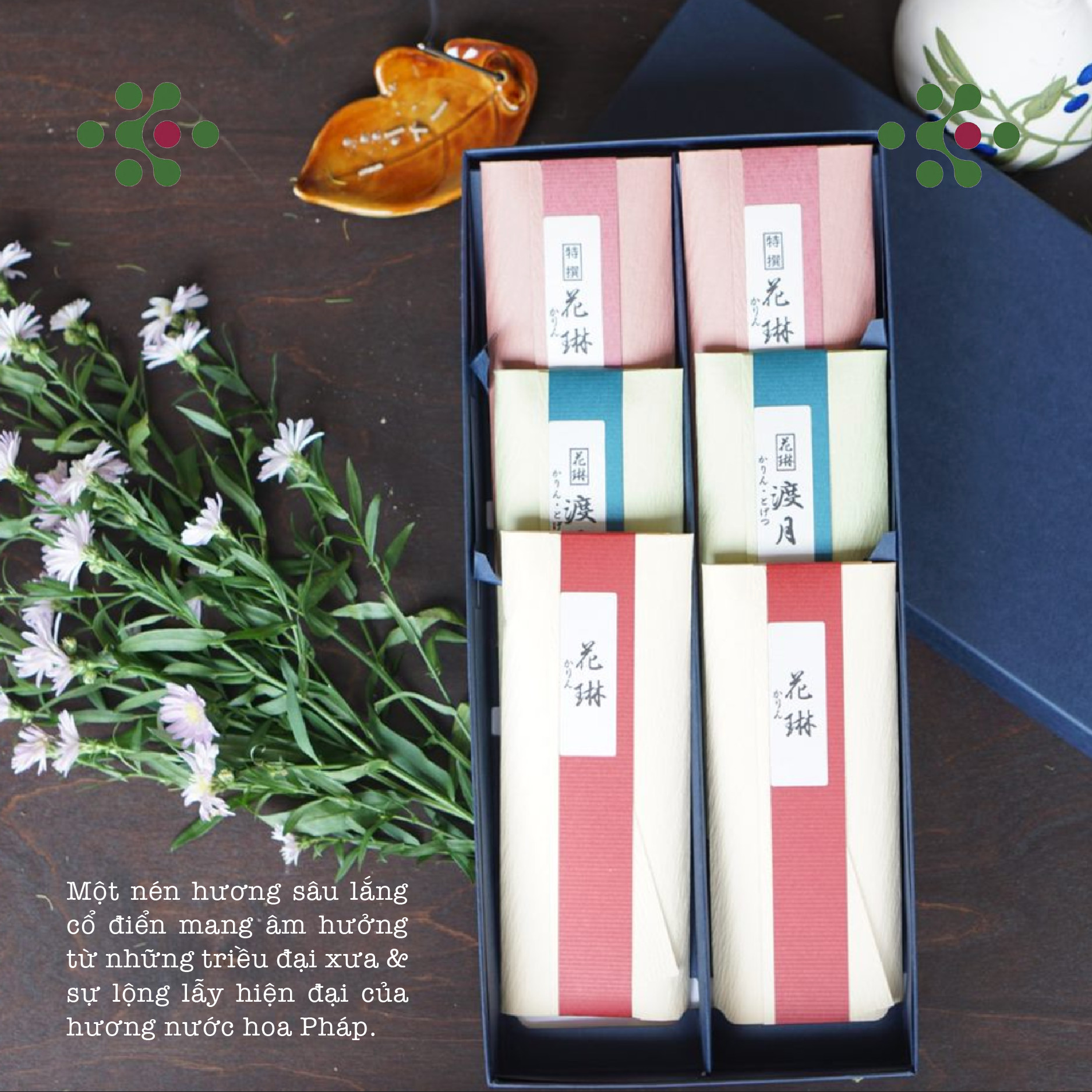 Hộp quà Karin Monogatari Giftset 5021 – 6 gói 3 mùi hương từ thương hiệu nhang thơm cao cấp Kunjudo Nhật Bản