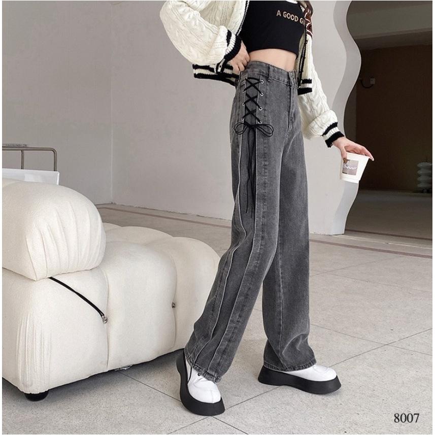 Quần jeans nữ ống suông đan dây eo hottrend