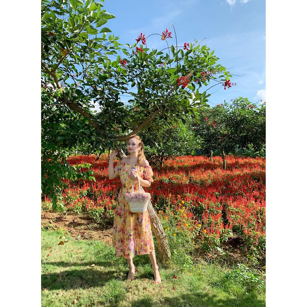 đầm trể vai hoa vàng dễ thương