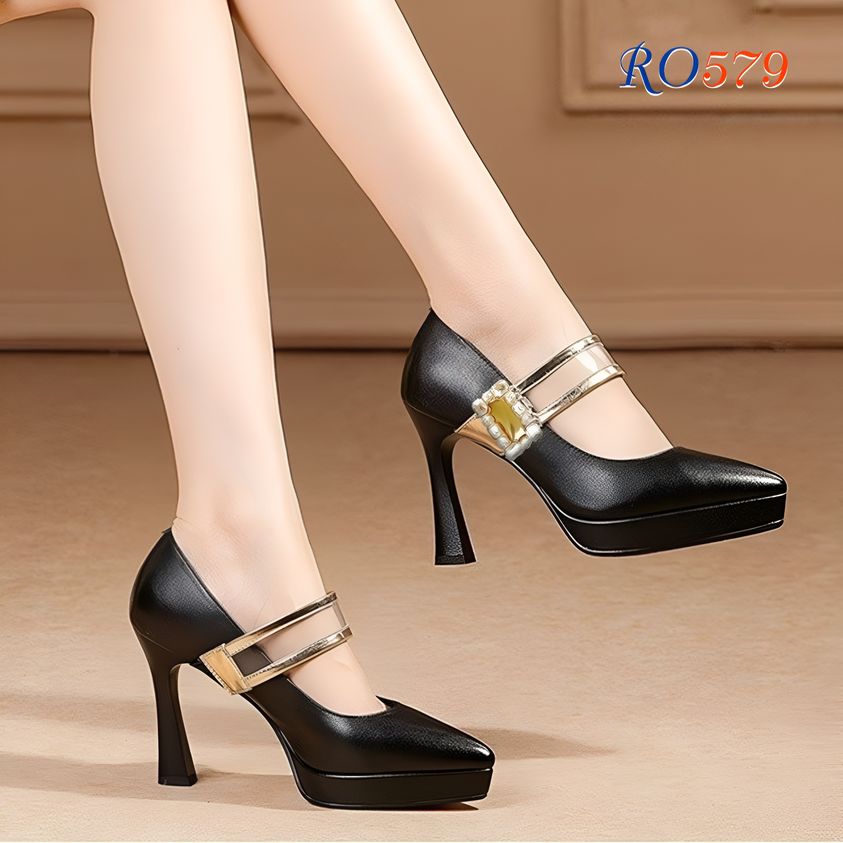 Giày cao gót nữ đẹp đế vuông 9 phân hàng hiệu rosata hai màu đen trắng ro579