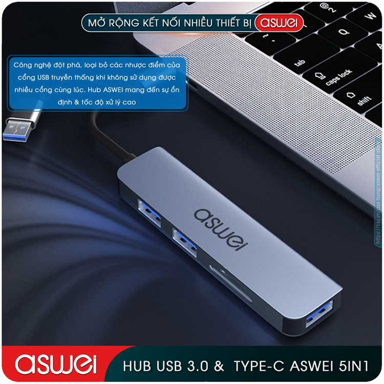 Hub Chuyển Đổi USB Type C ASWEI 5 in 1 To USB 3.0, SD, TF - Hàng Chính Hãng