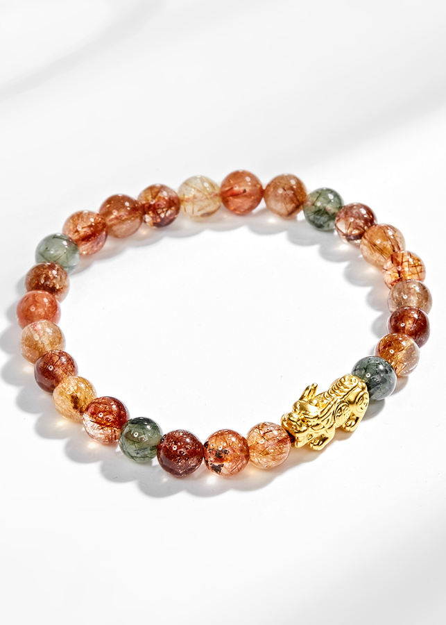 Vòng tay thạch anh tóc đa sắc phối tỳ hưu bạc mạ vàng Ngọc Quý Gemstones