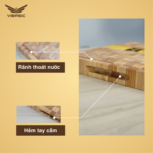 Thớt Tần Bì (Ash wood) Vibasic ghép block, kích thước 400x300x38mm chuyên băm, chặt, thái thực phẩm - Hàng chính hãng Bộ Quốc Phòng