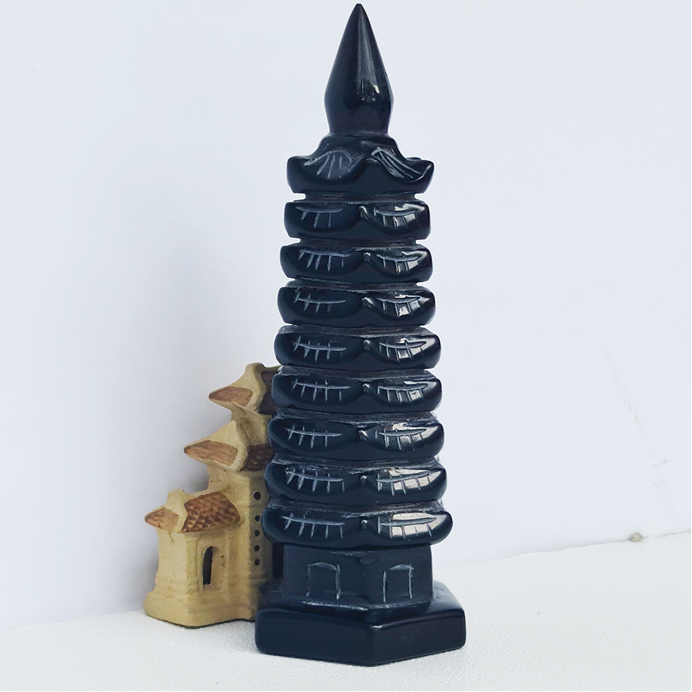 Tháp Văn Xương Đá Obsidian Đen - Núi Lửa Đen 9 tầng - Mx - 16cm - Hợp Mệnh Mộc, Thuỷ