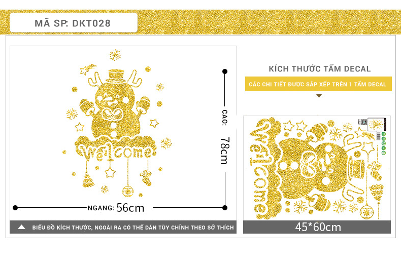 Decal trang trí noel hình người tuyết kim tuyến nhủ vàng