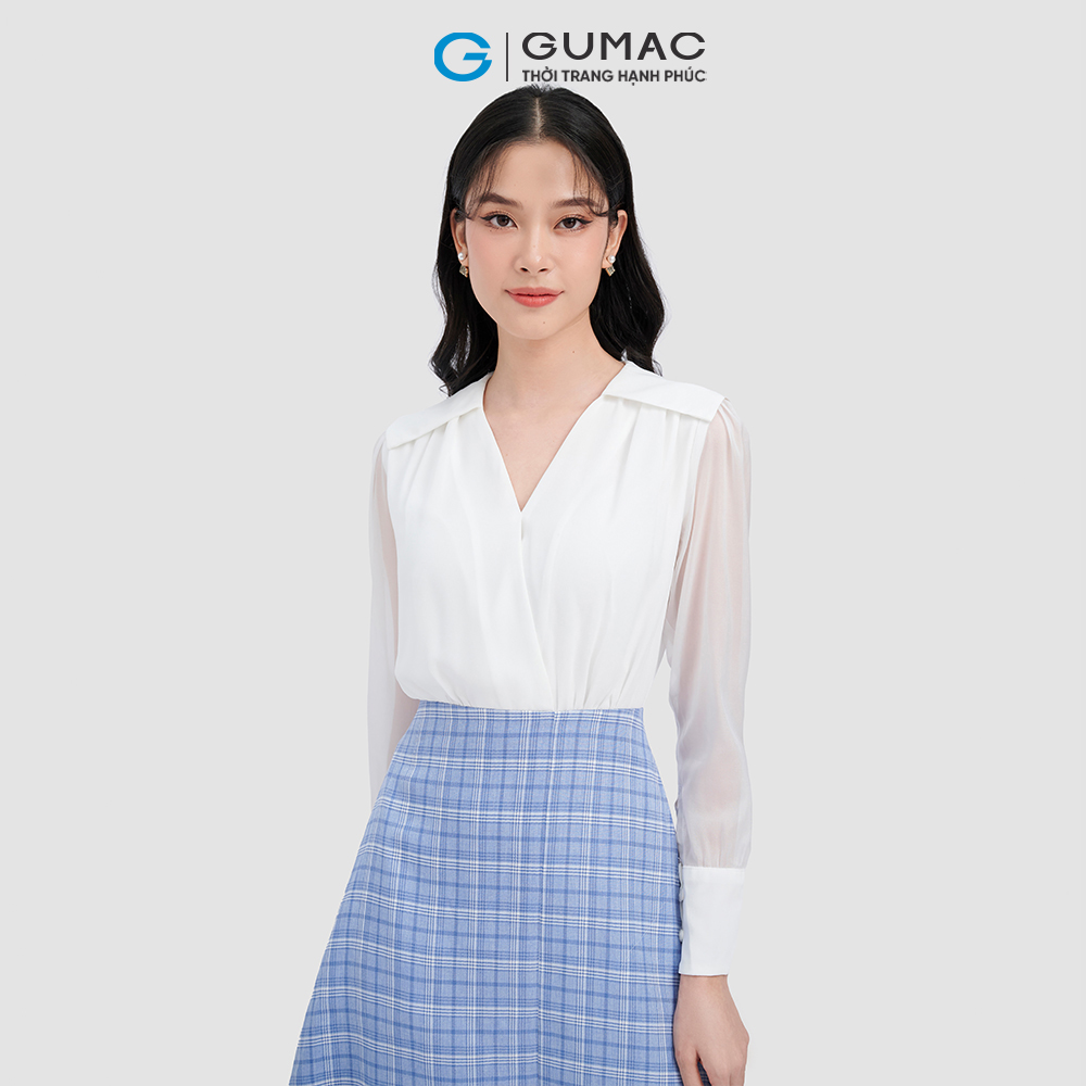 Đầm form A GUMAC DC10001 nhún vai phối caro trẻ trung