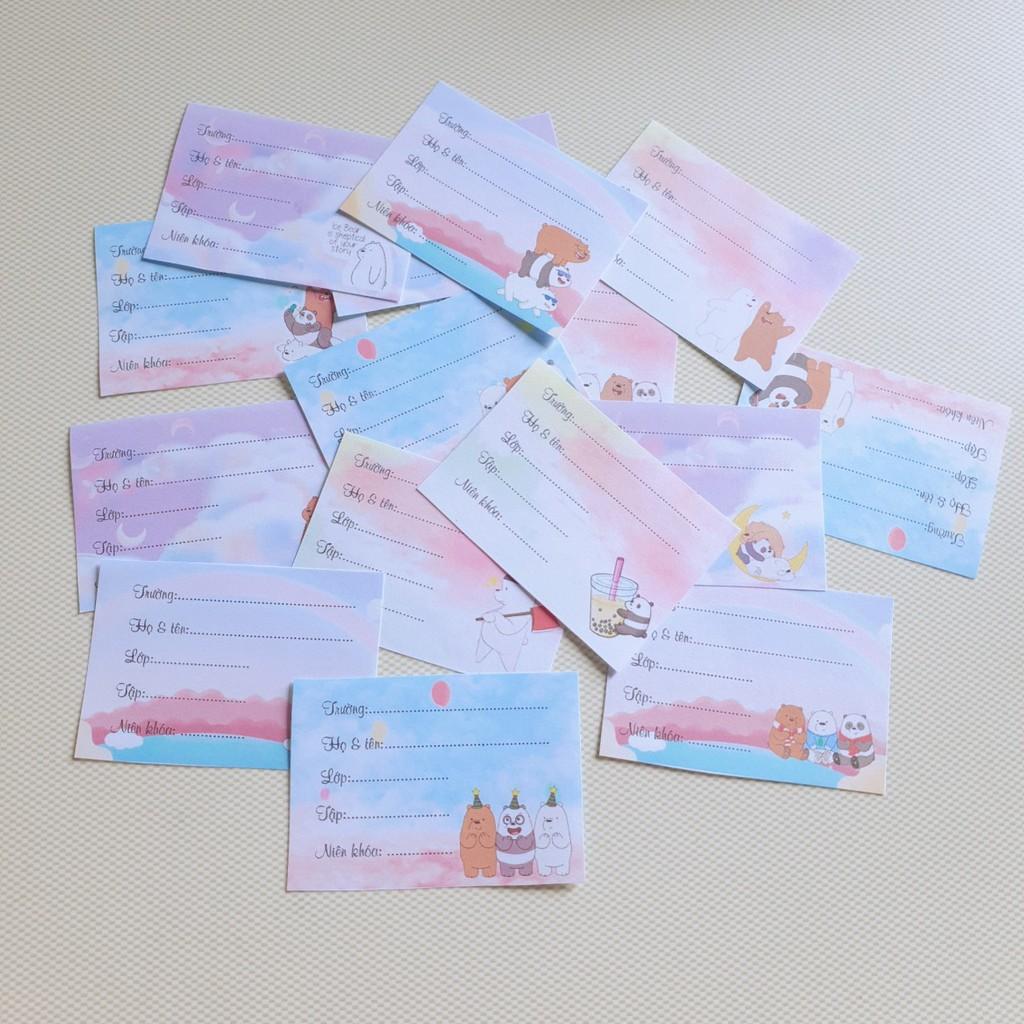 Set 16 nhãn vở hoạt hình Bare Bear, Doraemon, thỏ molang, pokemon (nhãn vở học sinh theo yêu cầu)