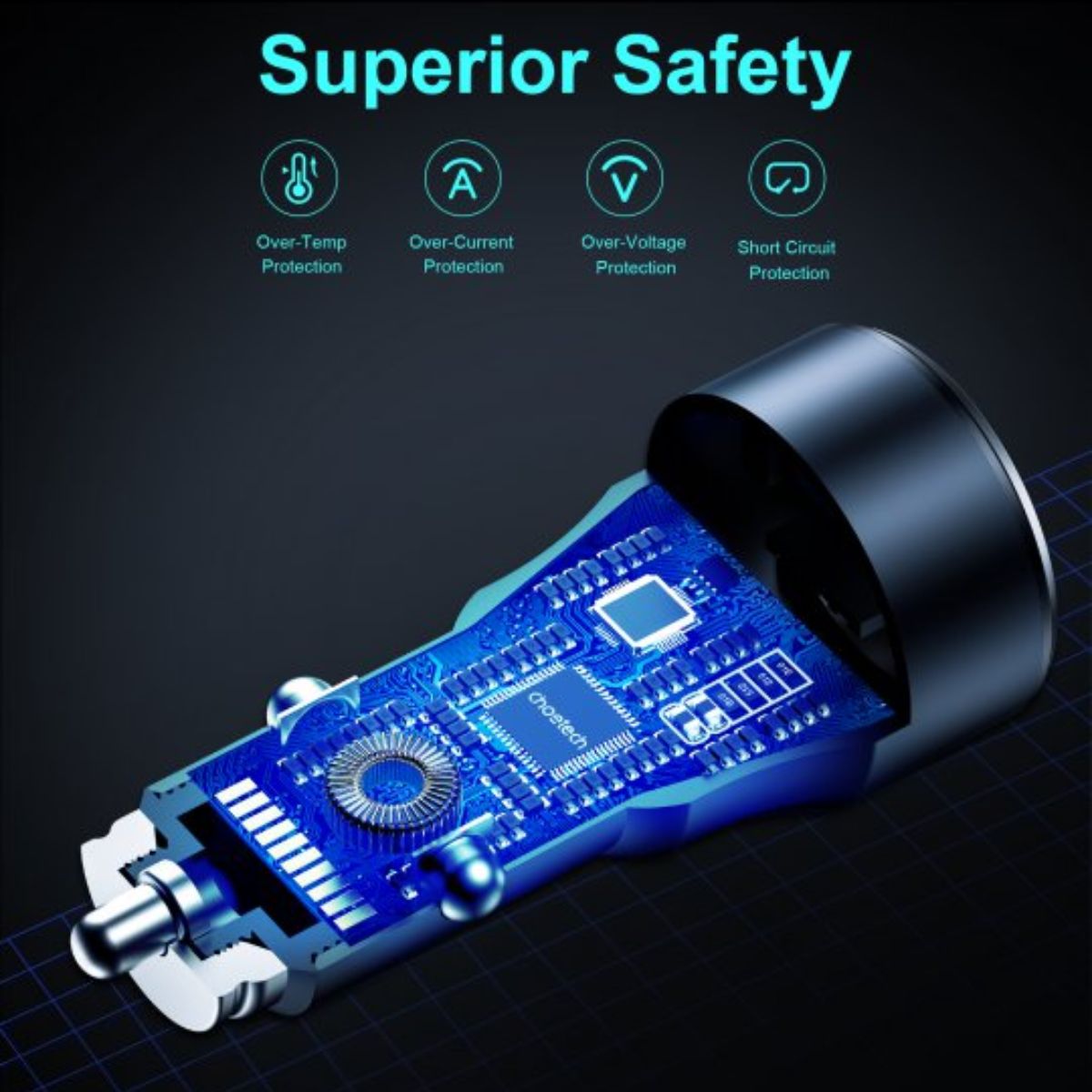 Tẩu sạc nhanh ô tô PD 63W CHOETECH TC0010 có 2 cổng - Hàng chính hãng