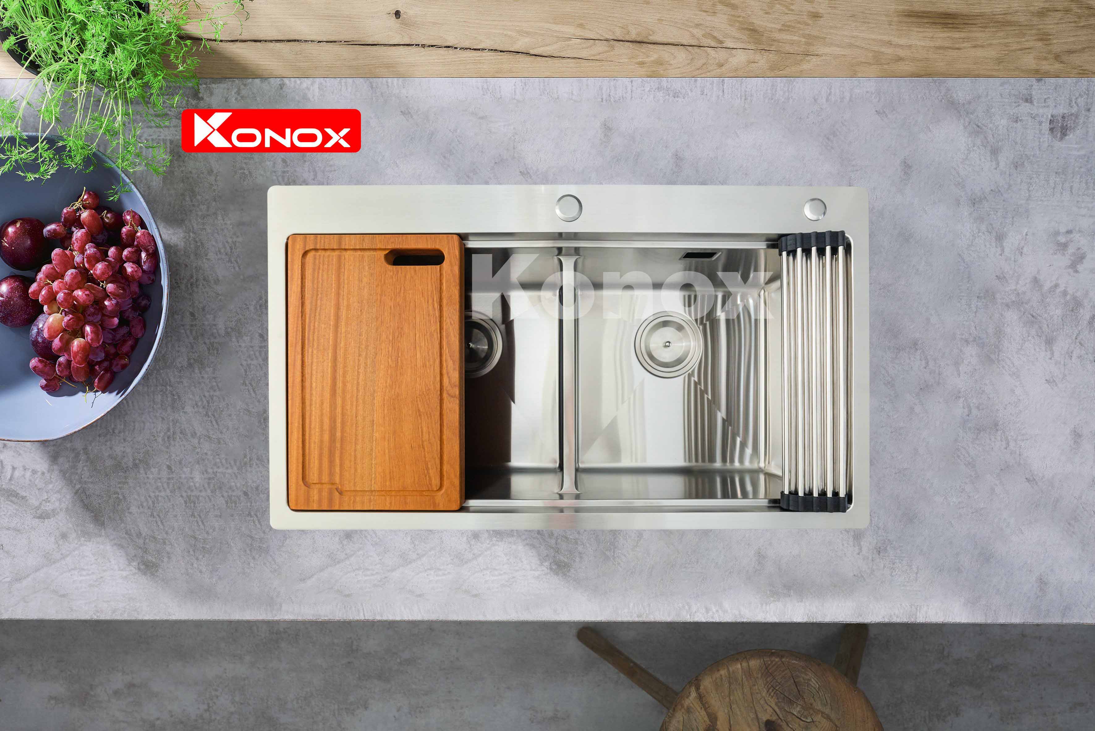 Chậu rửa bát Konox, Topmount Series, Model KN8850TD, Inox 304AISI tiêu chuẩn châu Âu, Hạ bậc tích hợp, 880x500x228(mm), Hàng chính hãng