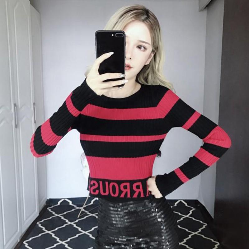 Áo thun nữ tay dài kẻ sọc in chữ phong cách Hàn Quốc