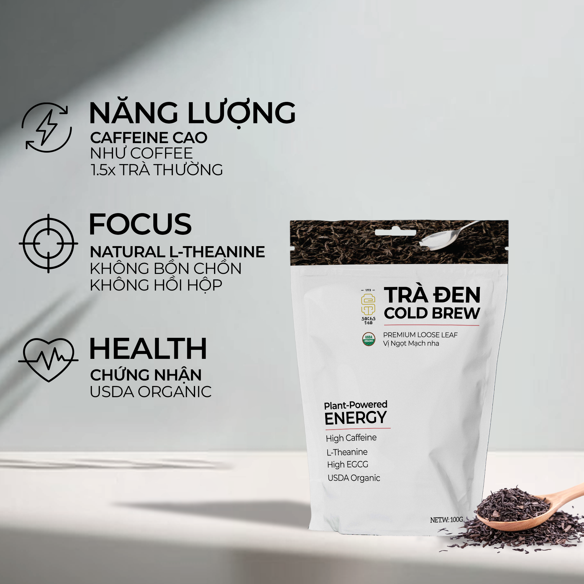 Trà Đen Cold Brew Hữu Cơ - Chứng Nhận USDA Organic, Vị Mạch Nha Ngọt Thơm, Không Chát Túi Zip 75g