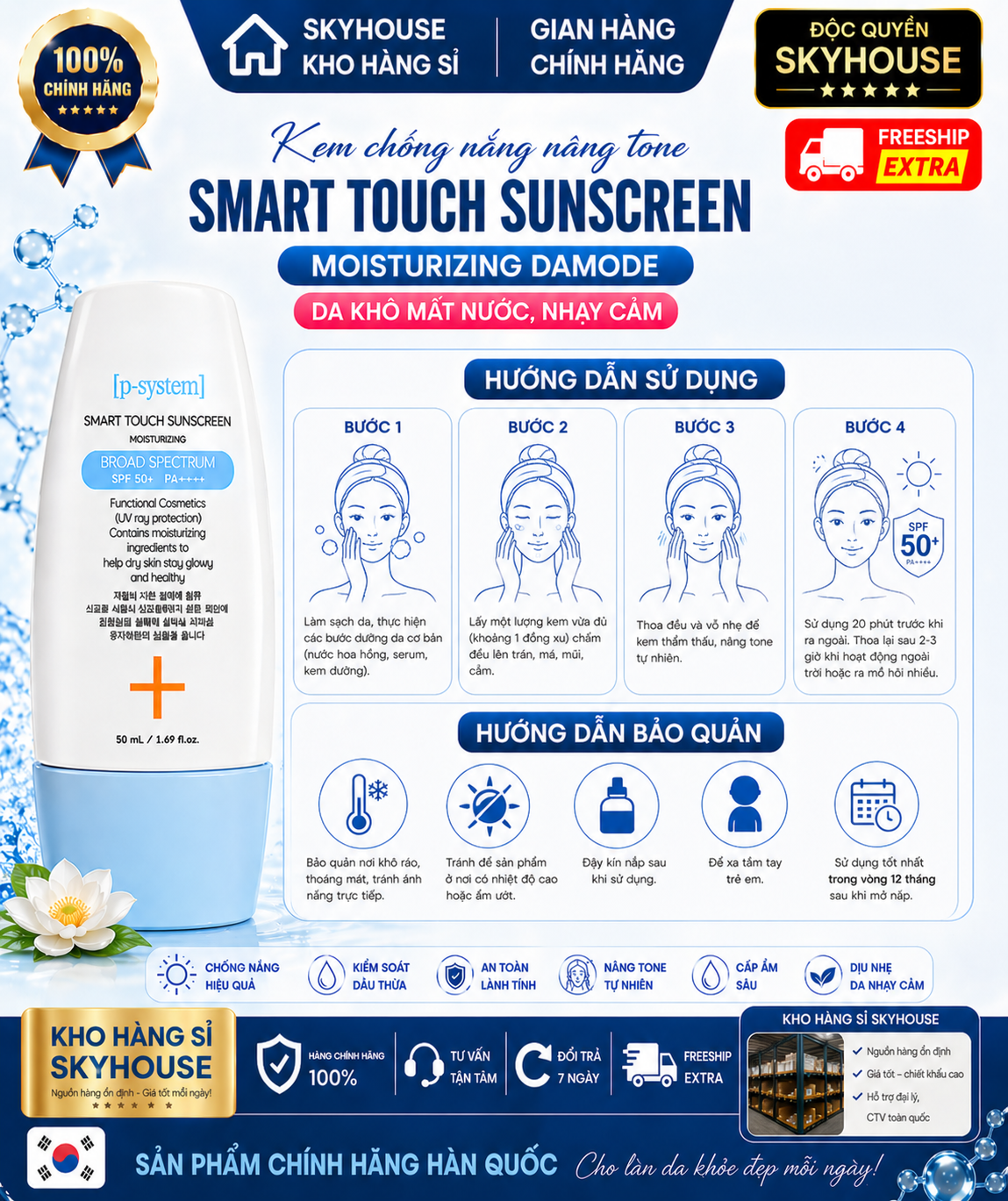 Kem chống nắng nâng tone SMART TOUCH SUNCREEN MOISTURIZING DAMODE chai 50ml da khô mất nước nhạy cảm chính hãng Hàn Quốc