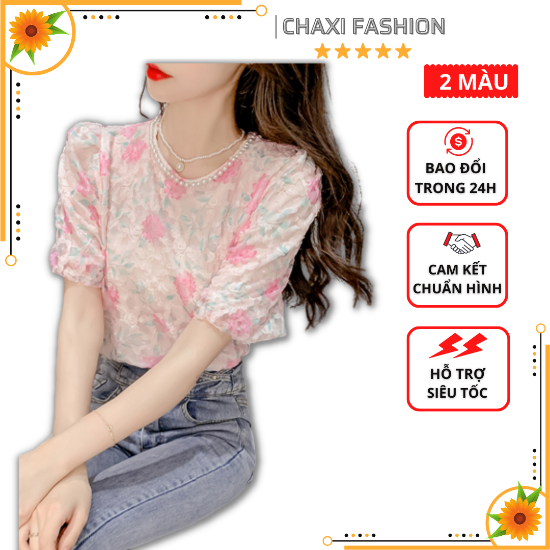 HÀNG QUẢNG CHÂU - ÁO KIỂU NỮ CỔ TRÒN KẾT HẠT HỌA TIẾT HOA LÁ NỔI SIÊU XINH - A58276