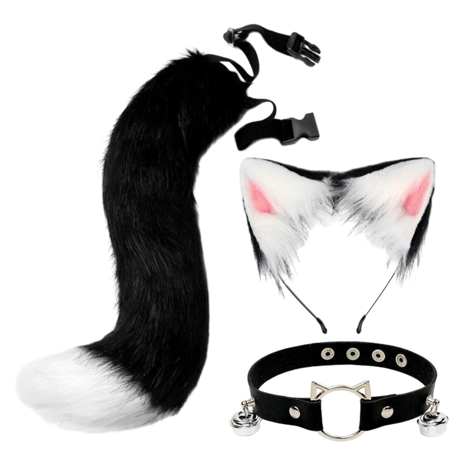 Ears and Long Tail Set Faux Plush Hair Hoop for Halloween Christmas Carnival