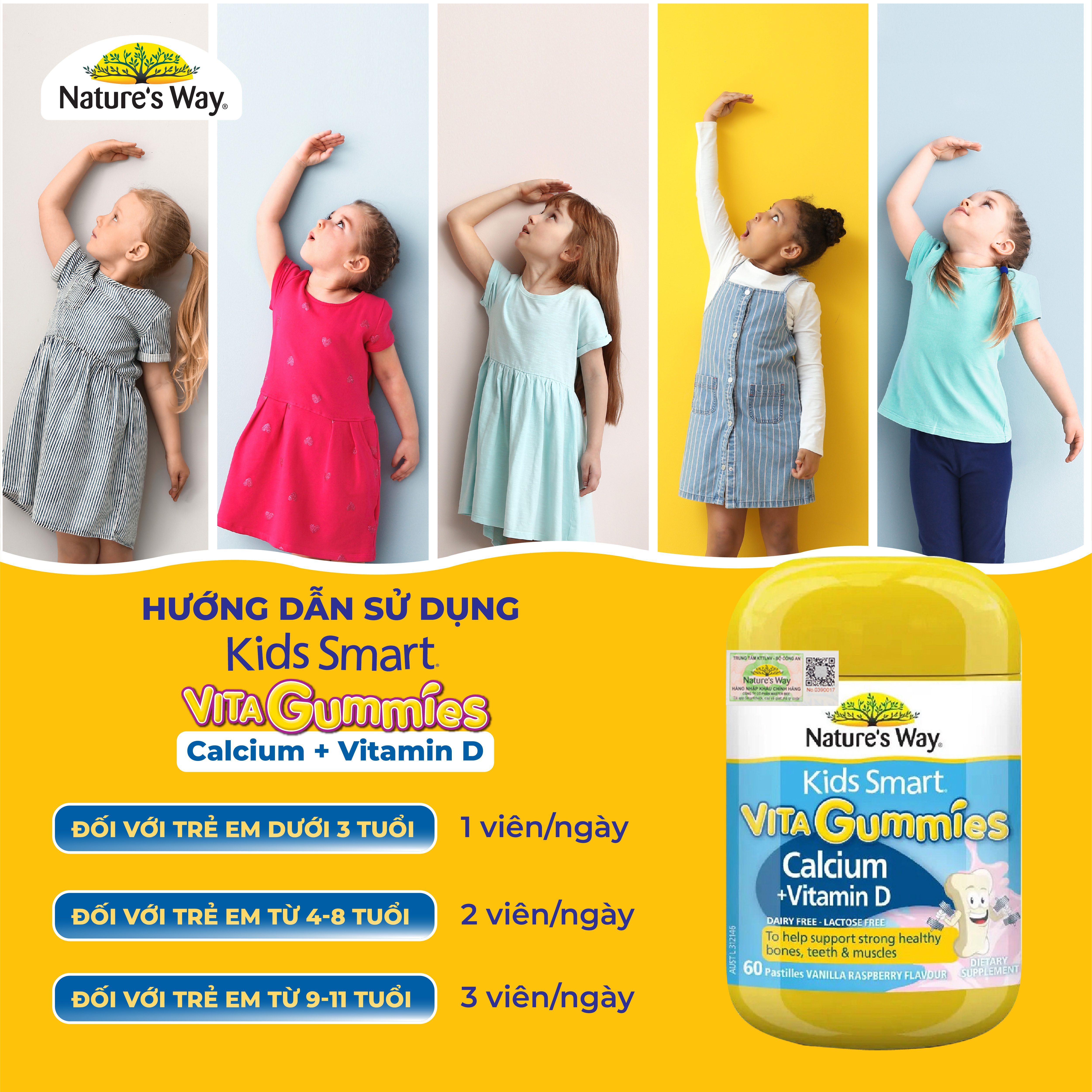 Kẹo Dẻo Vi Chất Cho Bé Nature’s Way Kids Smart Vita Gummies Calcium + Vitamin D Hỗ Trợ Phát Triển Chiều Cao 60 Viên