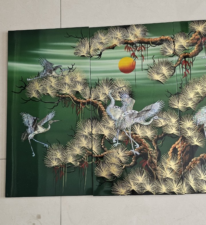 Bộ Tranh sơn mài Thanh Bình Lê 4 tấm- TÙNG HẠC KHẢM CỪ size 60x120 cm / hàng cao cấp , xuất khẩu